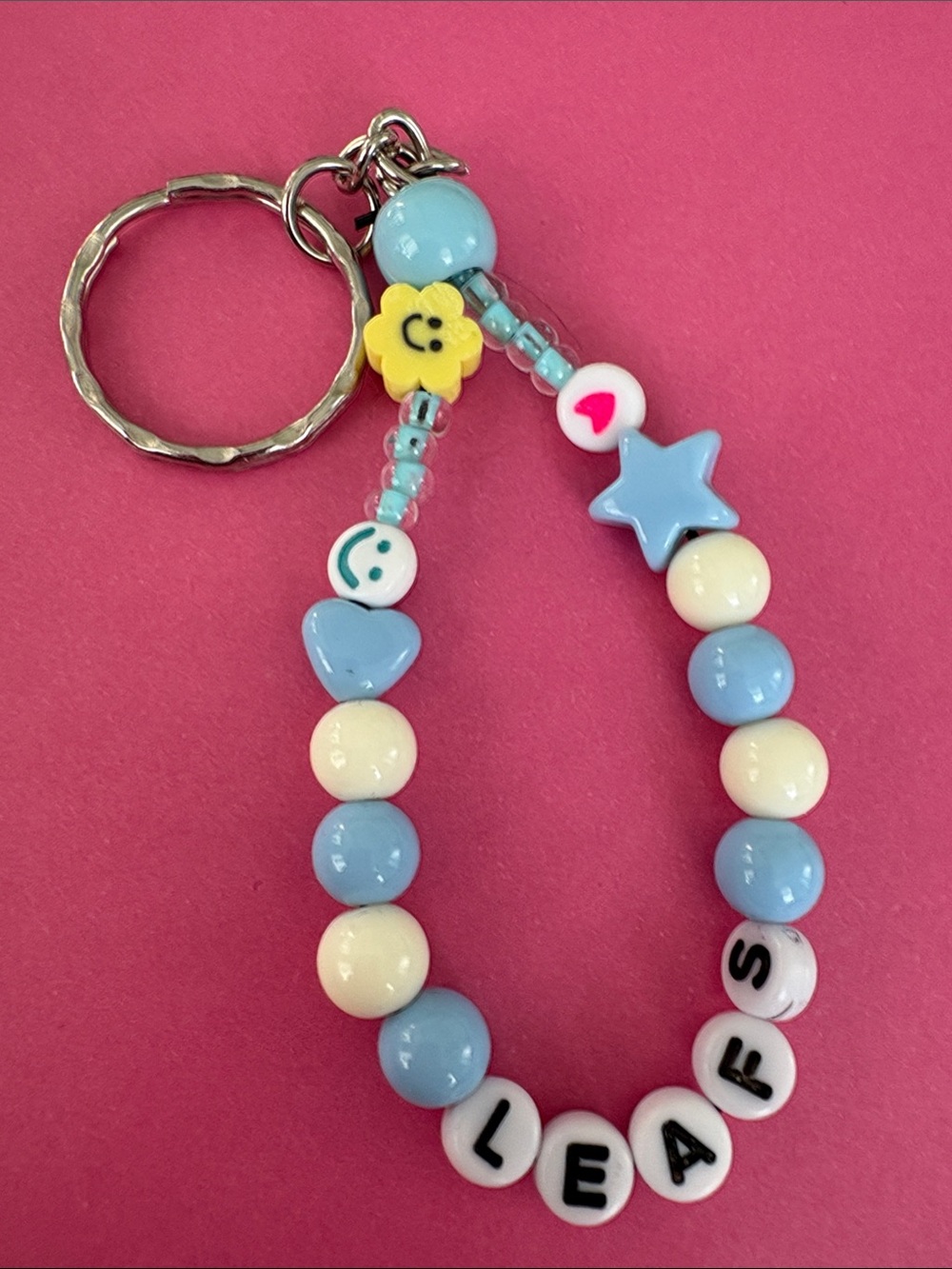Kids Blue & Cream Beaded Name Keychain - Personalized LEAFS